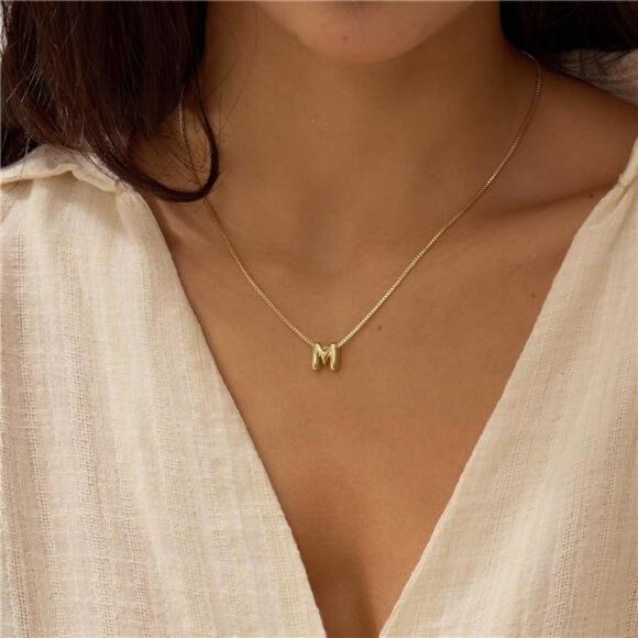 Bubble Letter M Necklaces for Women, 14K Gold Plated Letter M, Dainty Gold Trend - Picture 4 of 5
